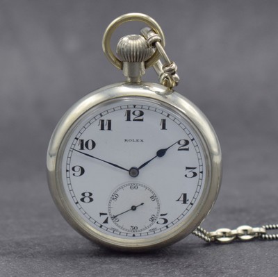 ROLEX offene Dienstuhr der britischen Armee in Nickel, Schweiz um 1920, verschr. Gehäuse, Boden m. Militärgravur, Emailzifferbl. m. arab. Zahlen, ...