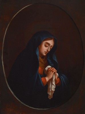 Unbekannter Künstler, wohl süddeutsch, 18. Jh., Paar Pendants: Betende Maria und betender Johannes, Öl/Lwd, altersbedingt krakeliert und mit ...