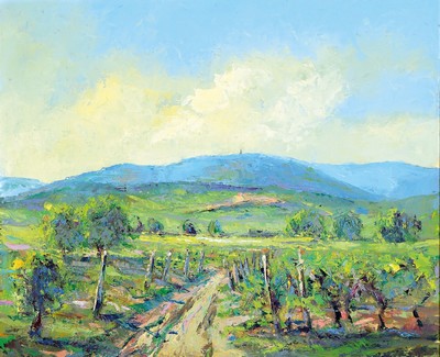 Robert Lauth, 1896-1985 Ludwigshafen, Landschaft mit Weinreben in der Pfalz, Öl/Hartfaser, rückseitig signiert, ca. 50x60cm