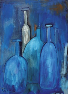 Lucien Sotto, zeitgen. belgischer Künstler, Stillleben mit Flaschen, Öl/Lwd, links unten signiert, ca. 70x50cm