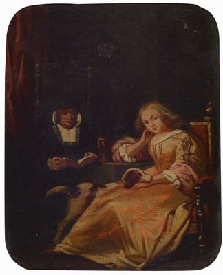 Wohl niederländischer Maler, 19. Jh., Paar in der Stube mit Hund, Öl/Lwd, leichte Alters- und Gebr.-spuren, ca. 20.5 x 16.5 cm, Rahmen l. best.