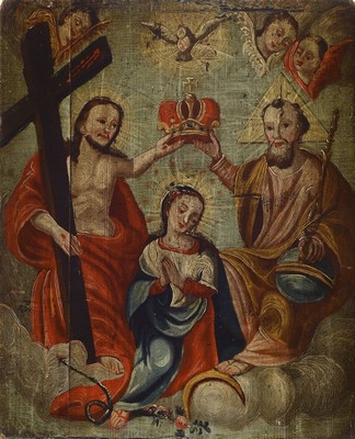 Heiligenbild, süddeutsch, um 1750, Krönung Marias, Öl/Weichholz, leichte Alters- und Gebr.-spuren, ca. 46 x 38 cm