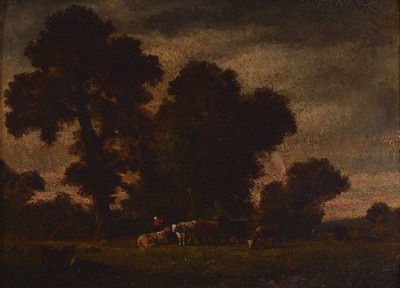 Wohl Münchener Schule, 2. Hälfte 19. Jh., Kühe und Hirte auf der Weide, Öl/Lwd, unsigniert, Alters- und Gebr.schäden, ca. 17 x 23 cm, Rahmen