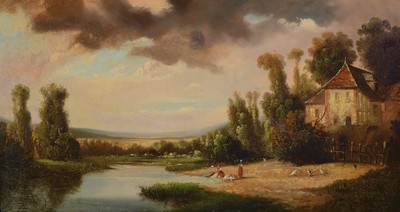 Zuschreibung. Thomas Shotter Boys, 1803 Pentonville-1874 London, Abendrot über sommerlicher Landschaft mit Gehöft und Personen am Flußufer, ...