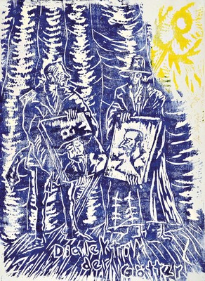 Jörg Immendorf, 1945 - 2007, Farbholzschnittauf Velin, Dialekt der Götter, seltene Farbe in Blau und Gelb, mit Widmung, Unikatcharakter aus 1986, ...