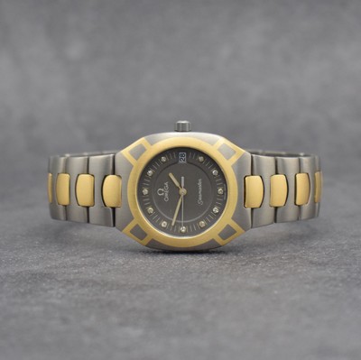 OMEGA Herrenarmbanduhr Modell Seamaster Polaris, Schweiz um 1980, Ref. 1960257/3960952, goldintarsiertes Titangeh. inkl. Gliederband in Titan/Gold m. ...