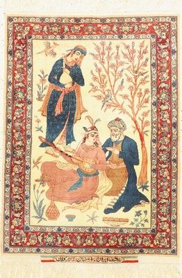 Feiner signierter Esfahan Seirafian, Persien, um 1940/1950, Korkwolle geknüpft auf Seid , ca. 100 x 70 cm, EHZ:2(guter Zustand).