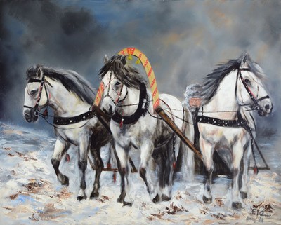 Eduard Klug, geb. 1924 Deidesheim, Troika-Schlitten in Winterlandschaft, Öl/Lwd, rechts unten signiert und dat. 81, ca. 80x100cm, R. ca. 90x110cm