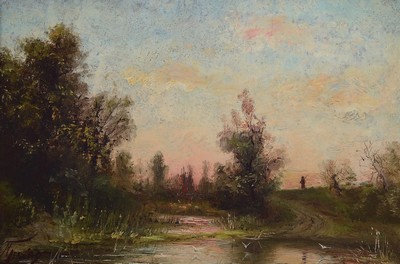 Unbekannter Künstler, Frankreich, um 1880-90, Landschaft mit Weiher, in der Art der Barbizon-Schule, Öl/Malkarton, links unten unleserlich ...