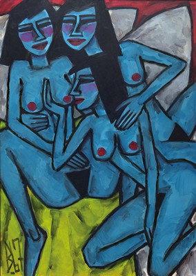 Berutscha, Gurami Hagemann, 1945 - 2013, Öl/Malplatte, "Drei weibliche Akte beim Sexspiel", rückseitig nochmals handsigniert und dat. ...