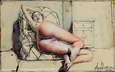 Andreas Noßmann, geb. 1962,, Mischtechnik (Federzeichnung, Aquarell und Farbstift) auf original antikem Papier, Titel "Abendlicher Akt", ...