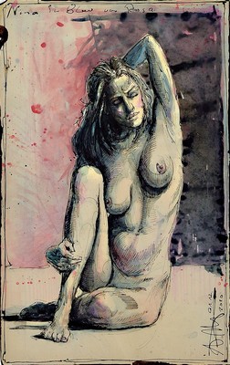 Andreas Noßmann, geb. 1962,, Mischtechnik (Federzeichnung, Aquarell und Farbstift) auf original antikem Papier, Titel "Nina in Blau vor rosa ...