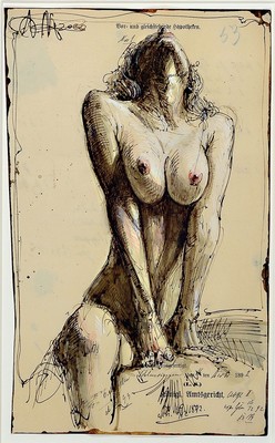 Andreas Noßmann, geb. 1962,, Mischtechnik (Federzeichnung, Aquarell und Farbstift) auf original antikem Papier, Titel "Nude", Blattgr. 32 ...