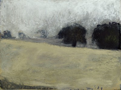 Klaus Fußmann, geb. 1938 Velbert, Pastell auf Büttenpapier, Rapsfeld mit Bäumen in der Dämmerung, handsigniert und datiert 1989, Blattgr. 30 x 40 ...