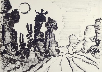 Karl Schmidt-Rottluff, 1884 - 1976, Tusche auf Velin, Landschaft mit Bäumen, links unten mit Tusche handsigniert und mit Bleistift mit Werknummer ...