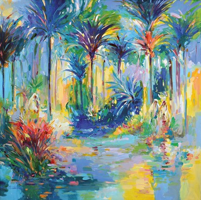 Abbas Al-Mosawi, geb. 1952, Acryl/Lwd, Oasenlandschaft, Öl/Lwd., dat. 2018, signiert, 145 x 145 cm, der Künstler Abbas Al-Mosawi ist einer der ...