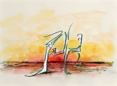 Horst Janssen, 1929 - 1995, Buntstift/Aquarell/Papier, Unikat, atmosphärischer Sonnenuntergang, handsigniert,aus 1970, PP. ca. 14 x 19 cm, unter ...