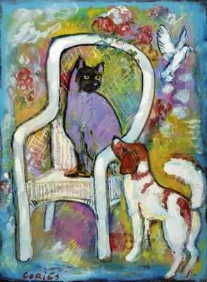 Wolfgang Gorius, 1932 Hagen/Westfalen-2003 Saarbrücken, Hund und Prinzessin Katz, Öl/Malkarton, links unten signiert, ca. 80x60cm, R. ca. 87x67cm