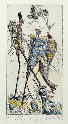 Bernd Kastenholz, geb. 1949 Speyer, 4 Farbradierungen: Flammende Feder, Vogelbote, Vogelkonzert und Nestpaarung, alle handsign. und num., aus dem ...