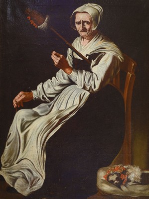 Porträtist, süddeutsch, um 1780-1800, Landadlige Spinnerin von Schloß Erolzheim- Oberschwaben mit Malteser Schoßhündchen, wohl Gattin des Alois ...