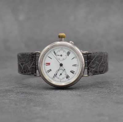 Frühe Armbanduhr mit Chronograph in Silber, Schweiz für England 1913, FB-Spezialgehäuse über geriffelte Lünette verschraubt, 3-tlg. ...