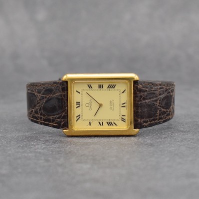 OMEGA De Ville Ref. 191 0055 rechteckige Armbanduhr in GG 750/000, Schweiz um 1978, quarz, gedr. Geh., Zeigerstellung über Drücker b. 3, orig. ...