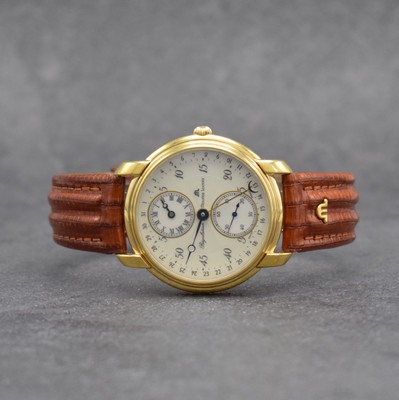 MAURICE LACROIX Regulateur vergoldete Herrenarmbanduhr, Schweiz um 1990, Handaufzug, beids. vergl. Geh., Boden & Glasrand aufgedr., orig. Lederband ...