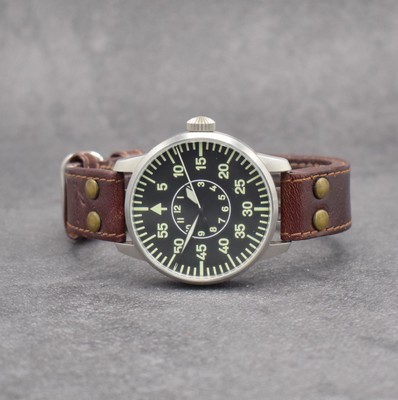 LACO TUIfly limitierte Fliegeruhr in Stahl, Deutschland um 2010, Automatik, 2-tlg. Geh., Boden aufgedr., orig. Lederband, schwarzes Zifferbl., ...