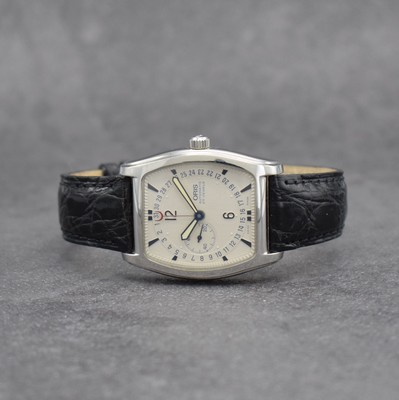 ORIS Ref. 7471 Herrenarmbanduhr mit Zeigerdatum in Stahl, Schweiz um 2000, Automatik, 4-fach verschr. Tonneau-Geh., orig. Lederband m. Stiftschl., ...
