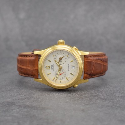 ORIS Herrenarmbanduhr mit zweiter Zeitzone, Schweiz um 2000, Automatik, vergold. Stahlgeh. Ref. 7485, beids. Saphirvergl., Boden & Krone verschr., ...