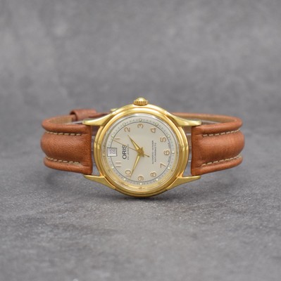 ORIS vergoldete Armbanduhr mit Datum, Schweiz um 2000, Automatik, beids. vergl., Ref. 7317, Stahlboden verschr., silb. Duoton- Zifferbl., gold. arab. ...