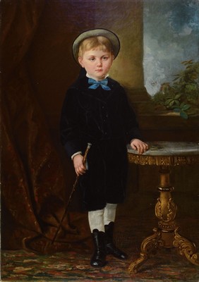 Wilhelm Pistor, 1832 Neustrelitz - 1880 Berlin, Knabe mit Reitgerte, Ganzporträt, Öl/Lwd, re. neben dem Tischbein signiert, l. krakeliert, l. ...