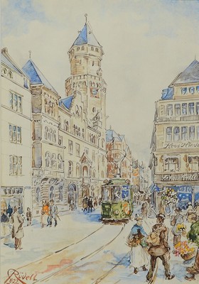 Carl Rüdell, 1855 Trier-1939 Köln, deutscher Aquarellmaler und Architekt, bekannt für seine Motive aus Köln und dem Rheinland, hier: Der Neumarkt ...