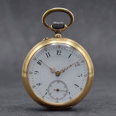 THOMMEN offene Taschenuhr in RG 585/000, Schweiz um 1900, glattes Geh. l. dell., Metallcuvette, 2-teil. Emailzifferbl. m. radial angeordneten arab. ...