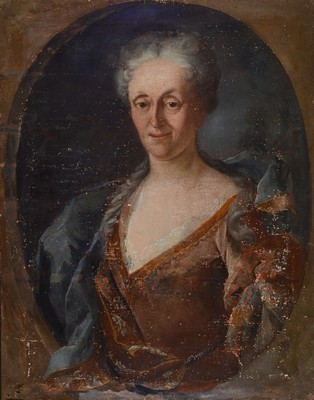 Unbekannter Künstler, süddeutsch, um 1770, Porträt einer Dame, Öl/Lwd, altersbedingt stark krakeliert und mit Farbfehlstellen, ca. 82x64cm, ...