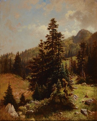 Karl Julius Rose, 1828 Königsbrück-1911 München, Studium an der Akademie Dresden, unternahm zahlreiche Studienreisen, hier: Tannengruppe im ...