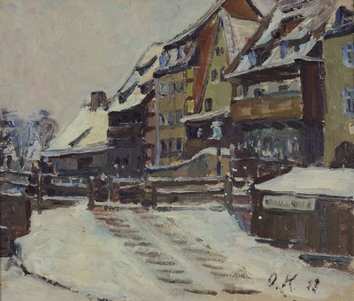 Monogrammist OK, datiert (19)43, Verschneite Stadtansicht, Öl/Hartfaser, rechts unten monogr. und dat., ca. 28x33cm, R. ca. 36x42cm