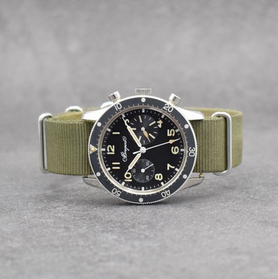 BREGUET sehr seltener Flieger-Chronograph mit Flyback in Stahl, Schweiz um 1970, Handaufzug, verschr. Geh., Krone später, schwarze Drehlünette m. ...