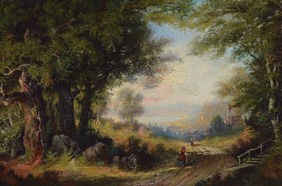 Ebert, spätromantische Malerei, um 1880, Waldlandschaft mit Blick ins Tal und auf ein Dorf, Öl/Mahagoni, Personen im Vordergrund, gute ...