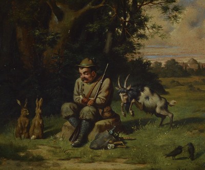 M. Kolb, datiert 1877, Jäger sitzt auf einem Stein, vor ihm ein paar Hasen, von hinten stürmt ein Ziegenbock heran, Öl/ Malkarton, rechts unten ...