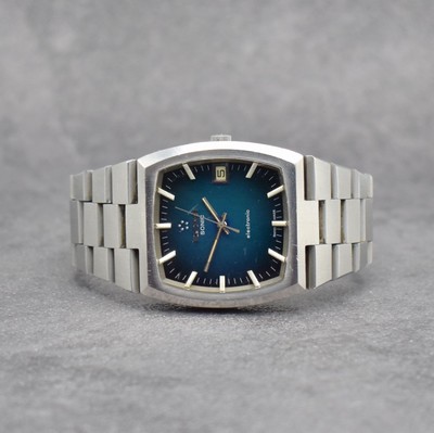 ETERNA SONIC electronic seltene Herrenarmbanduhr, Schweiz um 1973, Edelstahlgeh. inkl. orig. Gliederband, Boden aufgedr., blau/grünes Fume-Zifferbl. ...