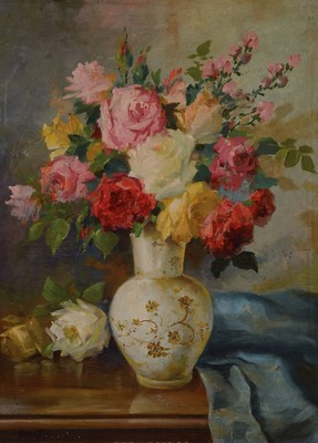 Schäfer, deutscher Maler, um 1900, Stillleben mit Rosen, Öl/Holz, links unten signiert, ca. 50x36cm, R. ca. 67x53cm