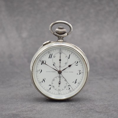 ULYSSE NARDIN seltene Taschenuhr mit Chronograph Rattrapante in 925er Silber, Schweiz um 1930, glattes Geh., Silbercuvette, Emailzifferbl. m. arab. ...