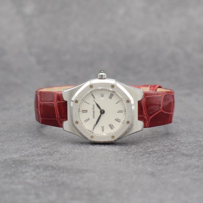 AUDEMARS PIGUET Royal Oak Damenarmbanduhr in Stahl / Lederband, Schweiz lt. orig. Papier verkauft 2005, quarz, Ref. 66800 ST, octagonale Lünette ...