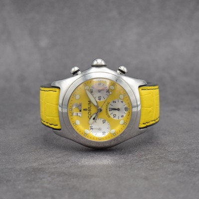 CORUM Bubble Armbandchronograph in Stahl, Schweiz um 2010, Automatik, beids. vergl. Geh. Ref. 285.150.20, Boden & Krone verschr., gelbes Zifferbl., ...