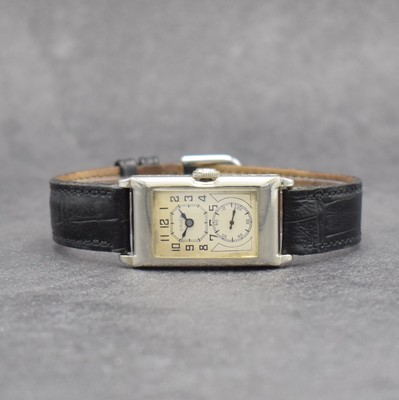 ALPINA/GRUEN seltene Herrenarmbanduhr sog. Doctors-Watch, Schweiz um 1930, rechteckiges 14k WG Filled Geh., Boden m. Eigentümer-Grav. aufgedr., in ...