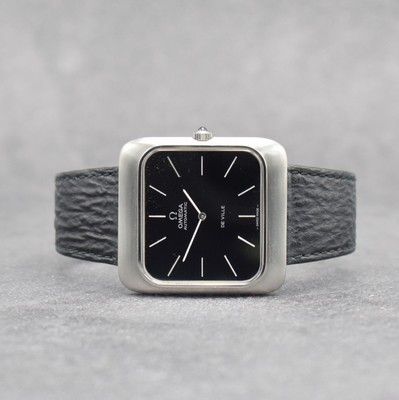OMEGA De Ville ungetragene Herrenarmbanduhr inStahl, Automatik, Schweiz um 1974, Boden aufgedr., Lederband m. Omega Stiftschließe, Schmuckkrone, ...