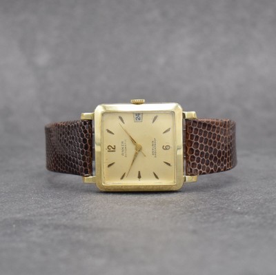 ANKER Herrenarmbanduhr in GG 585/000, Deutschland um 1955, Automatik, 2-teil. Geh., Boden aufgedr., silb. Zifferbl. m. aufges. Std.-Ind. pat., gold. ...