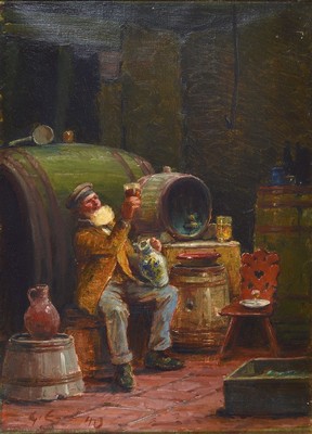 Gustav Ernst, 1858 Elsterberg - 1945 Bad Dürkheim, Weinverkostung im Keller, reiche Schilderung des Winzers, der die Farbe des Weines genau ...