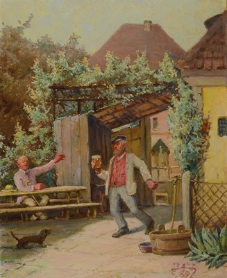 Gustav Ernst, 1858 Elsterberg-1945 Bad Dürkheim, fröhliche und zuprostende Winzer, erzählende Schilderung, detailreiche Wiedergabe des ...